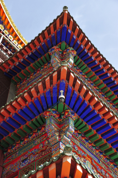 喇麻庙,屋檐,计程车车站,垂直画幅,美,绿色,橙色,建筑,木制,蓝色
