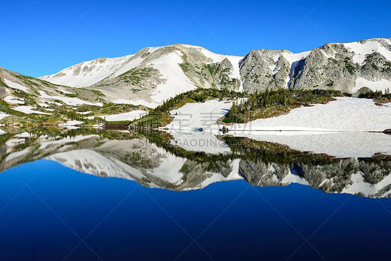 湖,山,雪山坡,自然,水平画幅,雪,无人,早晨,夏天,户外