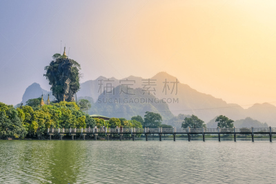 缅甸,宝塔,孟帮,水,天空,水平画幅,无人,户外,湖,完美