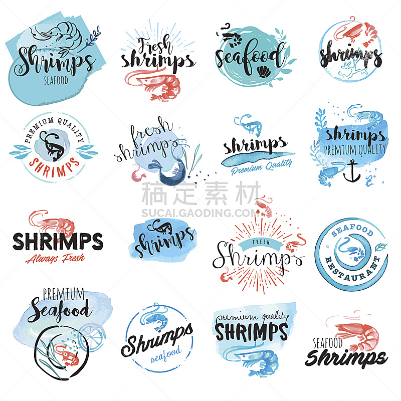 海产,标志,动物手,水彩画,虾,鱼类,水彩颜料,纹理效果,绘画插图