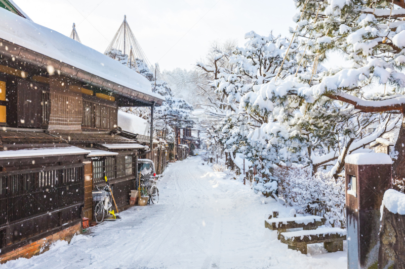 冬天,日本,城市,过去, 高山市,水平画幅,雪,无人,户外,都市风景
