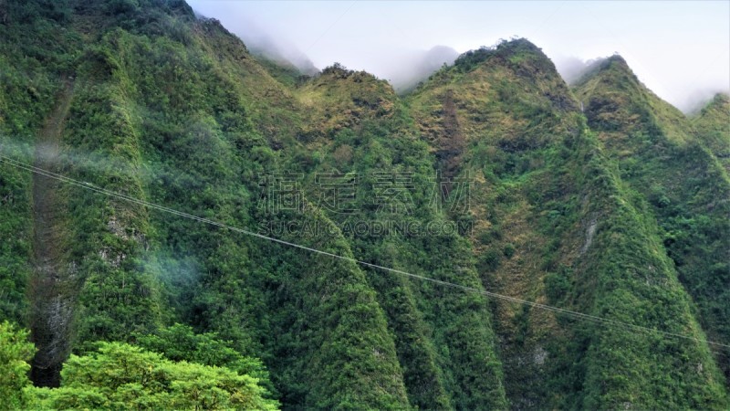 山脉,瓦胡岛,卡内奥赫,太平洋岛屿,云,火山岩,枝繁叶茂,瀑布,岩石,户外