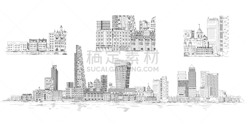 草图,伦敦城,金丝雀码头,水平画幅,银行,建筑,无人,绘画插图,全景,泰晤士河