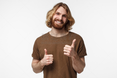 忠告,男人,青年人,表现积极,分离着色,灰色背景,出示,微笑,满意,希望