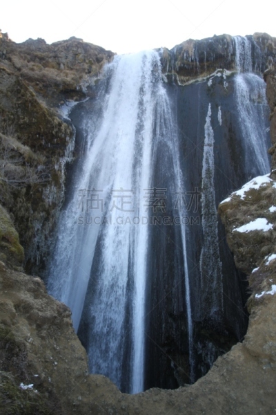 冰岛国,冬天,俄亥俄河,塞里雅兰瀑布,垂直画幅,水,天空,美,雪,瀑布