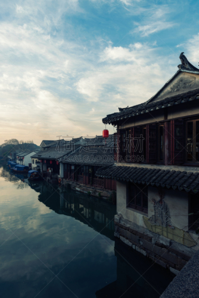 周庄,山东省,运河,苏州,东,迷人,乡村,垂直画幅,水,天空