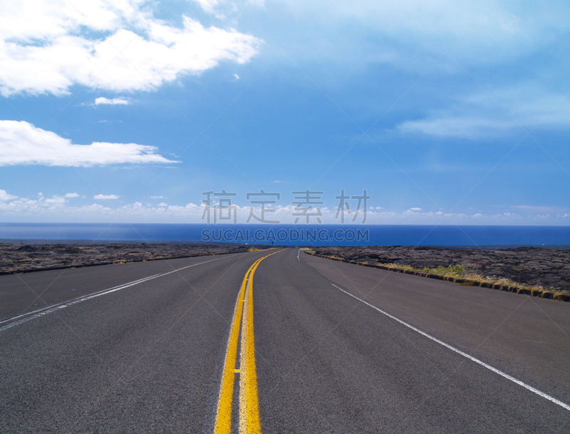 几劳亚活火山,夏威夷大岛,路,火山口,海洋,链,天空,水平画幅,户外,热带气候