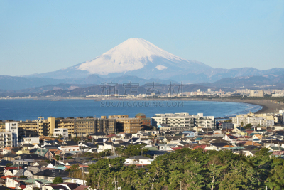 相模湾,富士山,海湾国家,江之岛,藤泽市,天空,水平画幅,雪,无人,日本