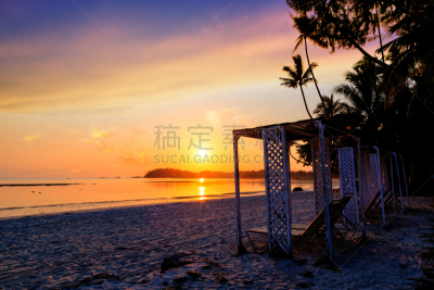 海滩,黎明,民丹岛,印度尼西亚,水,美,留白,度假胜地,水平画幅,沙子