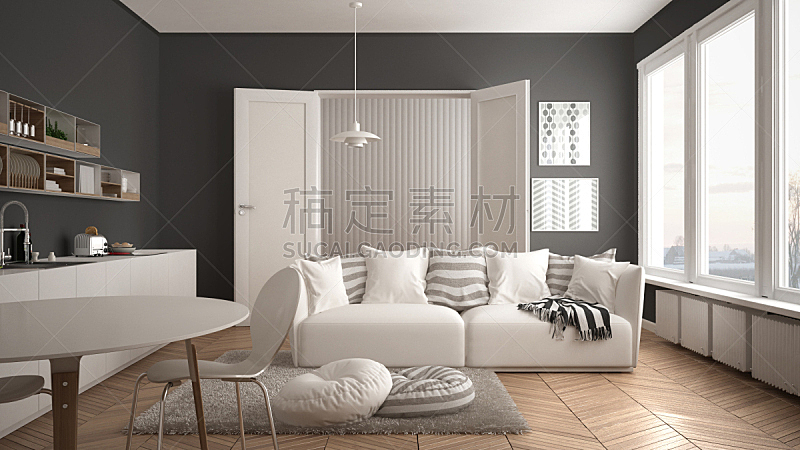 沙发,厨房,建筑,起居室,极简构图,白色,餐桌,枕头,小毯子