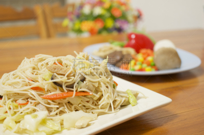蔬菜,素食,面条,长的,新生活,色彩鲜艳,油煎虾面,细面条,豆腐,餐具