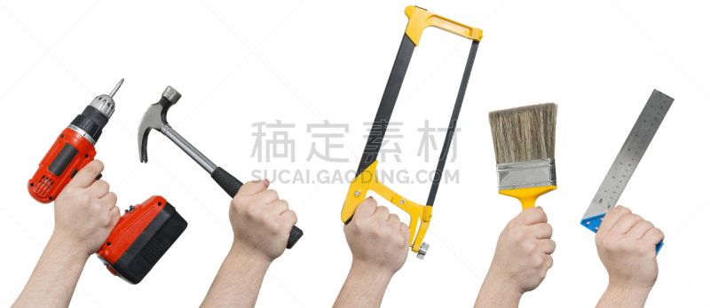 背景分离,画笔,尺,手,螺丝刀,锤子,锯子,电动螺丝起子,剪贴路径,建筑设备