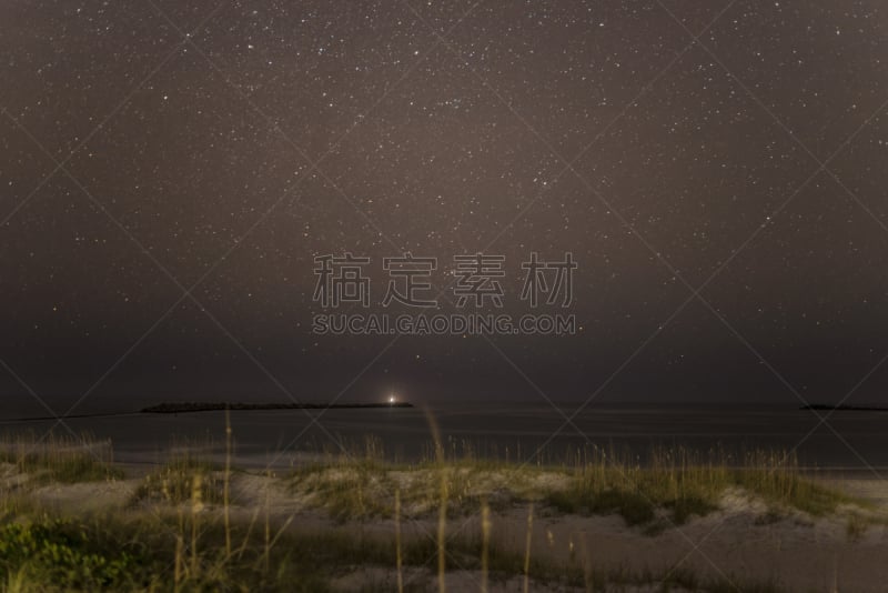 星星,栈桥码头,在上面,天空,滨草,水平画幅,赖茨维尔海滩,夜晚,无人,海岸地形