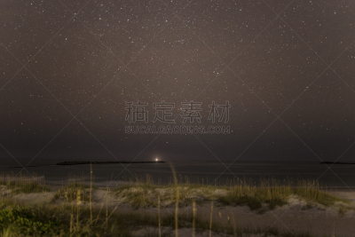 星星,栈桥码头,在上面,天空,滨草,水平画幅,赖茨维尔海滩,夜晚,无人,海岸地形