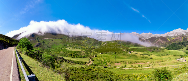 西班牙,山脉,下吹风,水平画幅,山,无人,户外,草,云景,阿斯图里亚斯