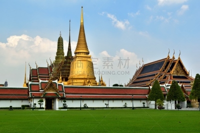 玉佛寺,泰国,曼谷,普拉考乌敦陶佛寺,小乘佛教,金叶,留白,水平画幅,高视角,无人