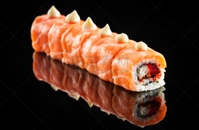 龙,黑色,小圆面包,费城,飞鱼,奶油干酪,寿司,鱼子酱,鱼子,水平画幅
