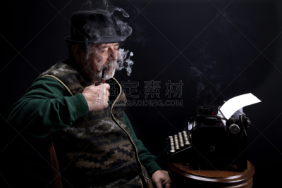 打字机,烟斗,看,老年男人,呢帽,夜晚,智慧,古老的,毛毡制品,古典式