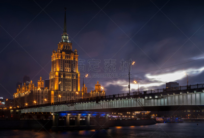 莫斯科,俄罗斯,2017年,摩天大楼,桥,斯大林,背景聚焦,水,天空,水平画幅