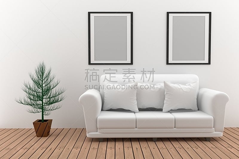 沙发,植物,三维图形,轻蔑的,白色,极简构图,正下方视角,空白的,边框,艺术