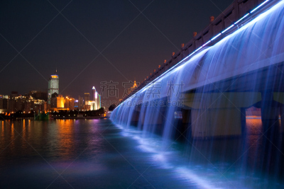 湖,桥,南,水,南宁,水平画幅,夜晚,瀑布,无人,人造