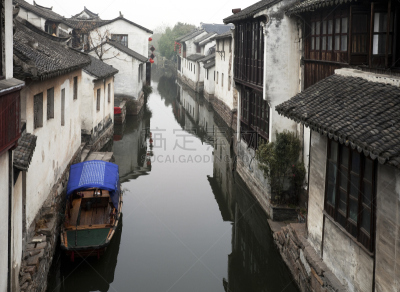 周庄,长春花属,舢板,江苏省,大运河,水,水平画幅,无人,早晨,户外