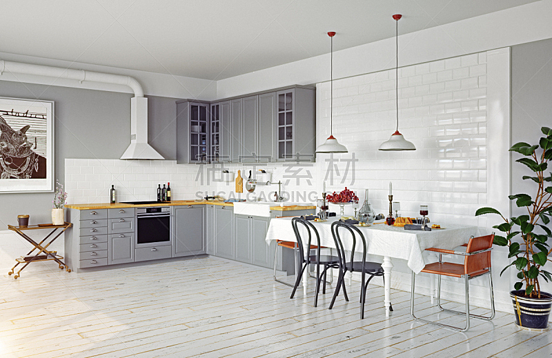 厨房,室内,式样,灰色,地板,复古风格,现代,装饰物,窗户,三维图形