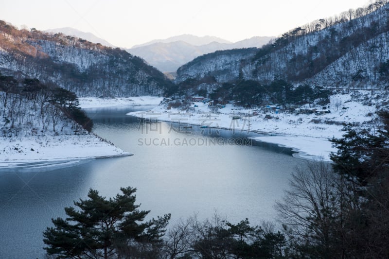 湖,华川郡,自然,寒冷,水平画幅,地形,雪,无人,户外,摄影