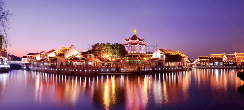 苏州,园林,周庄,江苏省,水,水平画幅,夜晚,无人,古老的,古典式