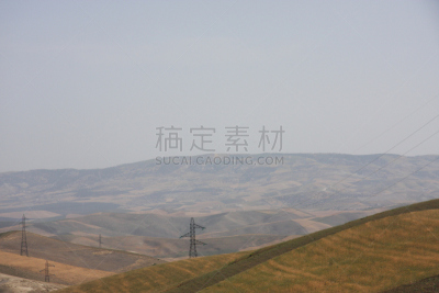 电力线,巴巴里人,西撒哈拉沙漠,电缆,褐色,水平画幅,山,沙子,无人,夏天