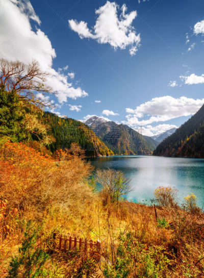 长湖,树林,山,秋天,风景,非凡的,九寨沟风景名胜区,九寨沟 ,四川省,垂直画幅