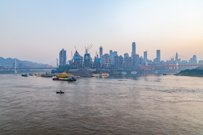 重庆,全景,城市天际线,现代,长江,水平画幅,夜晚,无人,海港,交通