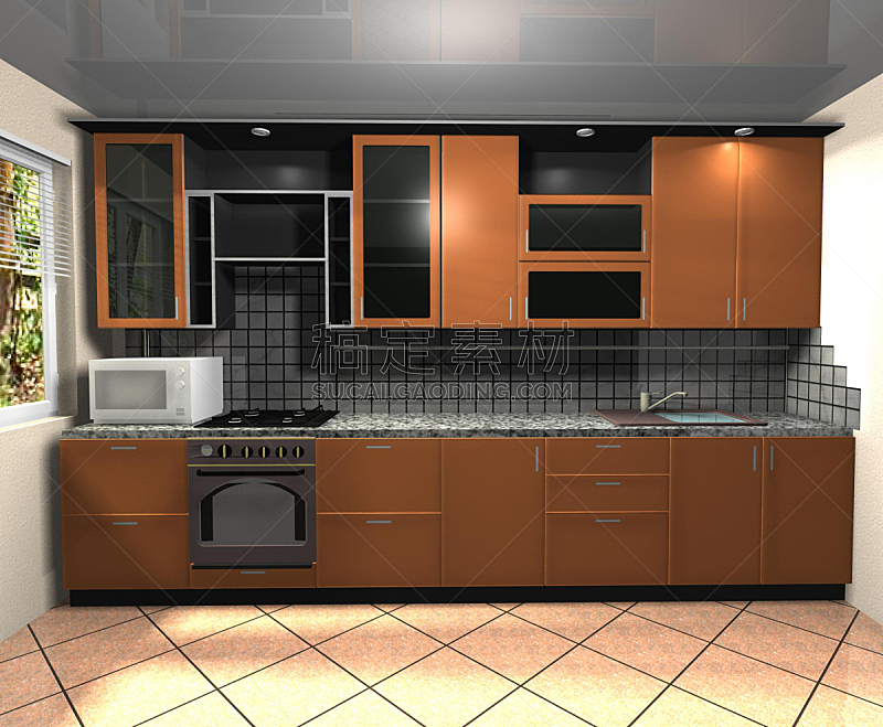 室内,厨房,橙色,三维图形,住宅房间,褐色,水平画幅,墙,无人,玻璃