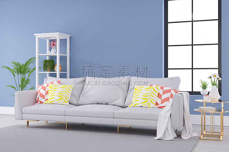 沙发,蓝色,概念,极简构图,白色,彩色图片,照明设备,住宅房间,架子,彩色蜡笔