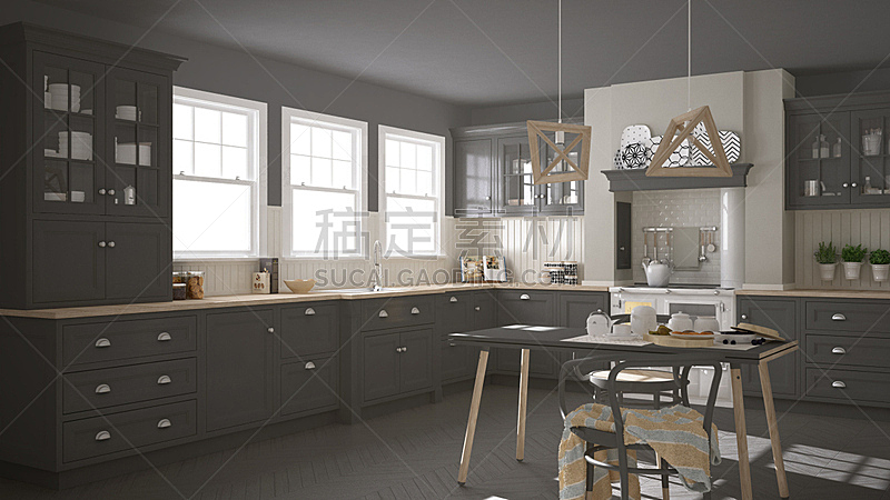 灰色,斯堪的纳维亚人,木制,厨房,简单,极简构图,大特写,室内设计师,人字形图案,柜子