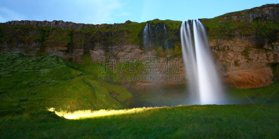 冰岛国,塞里雅兰瀑布,seljalandsfoss waterfall,水平画幅,野地,地形,瀑布,无人,全景,黄昏