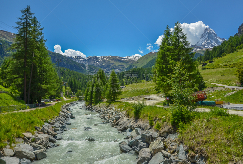 马特洪峰,瑞士阿尔卑斯山,小溪,天空,度假胜地,水平画幅,山,雪,少女峰,无人