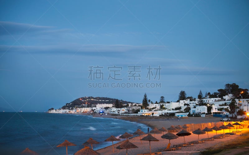 突尼斯市,夜晚,风景,通向海滩,水,天空,美,水平画幅,沙子,无人