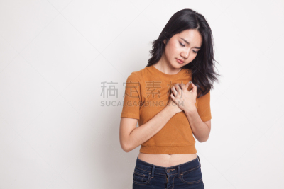 胸痛,女人,青年人,心脏病发作,亚洲人种,美,水平画幅,美人,白色背景,人