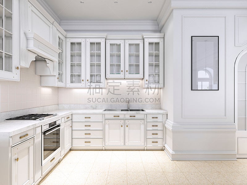 华贵,厨房,大理石,简单,白色,北欧,高雅,木镶板,空的,舒服