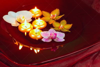 兰花,漂浮蜡烛,水,水平画幅,无人,组物体,特写,白色,热带的花,碗