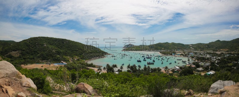 越南,海滩,海湾,水,水平画幅,无人,夏天,组物体,户外,渔船