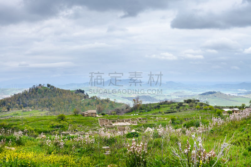 地形,西西里,人类居住地,天空,水平画幅,山,无人,户外,要塞,草