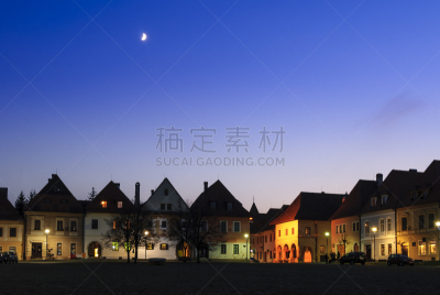 月亮,古城,巴尔代约夫,在上面,市场广场,水平画幅,建筑,夜晚,无人,欧洲