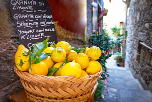 柠檬,篮子,充满的,意大利大街,西西里,利古里亚大区,柯尔尼利亚,意大利,水平画幅,无人