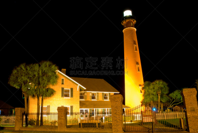 庞塞,黄昏,灯塔楼,水湾,探照灯,灯塔,水平画幅,橙色,建筑,夜晚