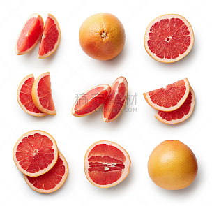 清新,葡萄柚,白色背景,分离着色,水平画幅,高视角,素食,生食,维生素,组物体
