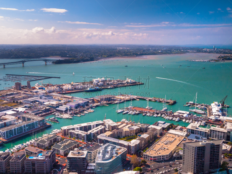 航拍视角,waitemata harbour,船,中间部分,海港,路口,现代,奥克兰,屋顶,夏天