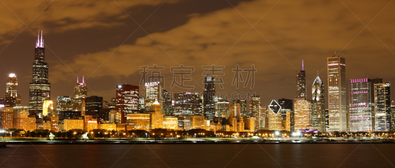 芝加哥市,全景,水平画幅,夜晚,无人,巨大的,交通,户外,湖,云景