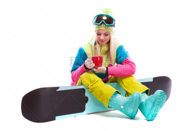 滑雪服,雪板,滑雪雪橇,拿着,青年女人,红色,杯,眼镜,坐